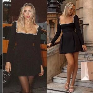 Square-Neck Black Mini Dress with Pearl Trim